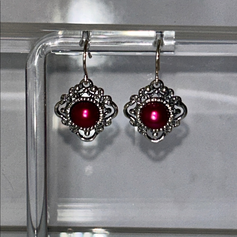 Genuine Burgundy Color Cultured Pearl Sterling Silver Designer Earrings